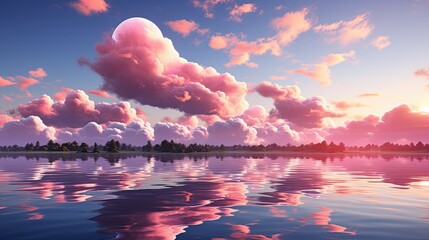Pink clouds and blue sky reflected over water with trees silhouette landscape background