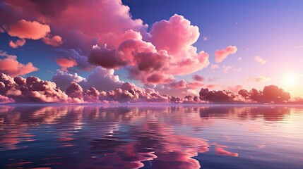 Dreamy pink clouds and blue sky reflected on calm water at sunset in a serene landscape