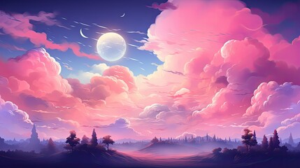Pink clouds and blue sky background with a full moon and distant silhouetted trees and city