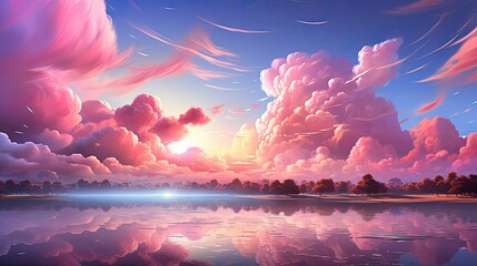 Pink clouds paint the sky, reflecting on a serene water surface with distant trees