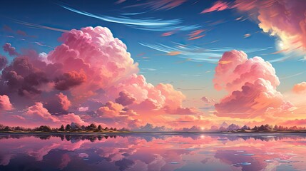 Dreamy pink clouds hover over a tranquil blue sky and reflective water surface landscape image