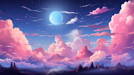 Pink Clouds and Blue Sky Dreamscape with a Full Moon above a Dark Landscape