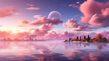 Dreamy landscape with pink clouds, blue sky, a full moon, and calm water reflecting the scenery