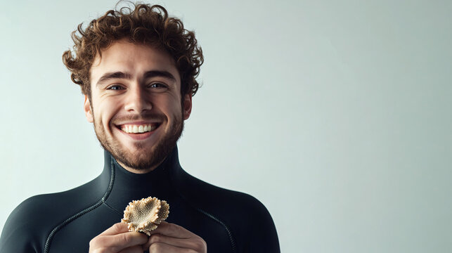 a man in a wet suit holding a piece of food