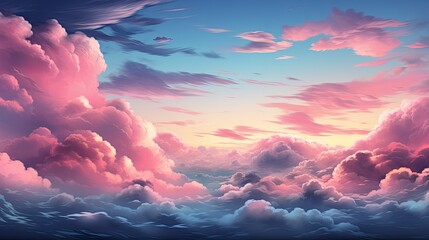 A mesmerizing panorama of pink and purple clouds against a gradient blue sky backdrop