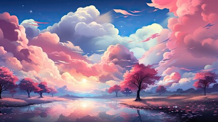 Dreamy pink clouds float above a tranquil landscape with reflecting water and trees