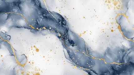 Obraz premium Abstract blue and gold marble texture with flowing lines and gold splatters.