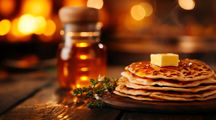 Ethiopian Chechebsa spiced flatbread, garnished with honey and served in a cozy breakfast scene, [African breakfast dishes, hearty sweetness]