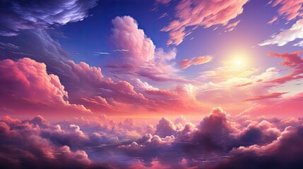 Pink clouds and blue sky create an ethereal background with a bright sun in the distance