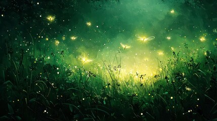Magical fireflies illuminate a lush green field at night.