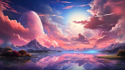 Pink clouds and blue sky reflected on water with a large planet in the sky fantasy landscape