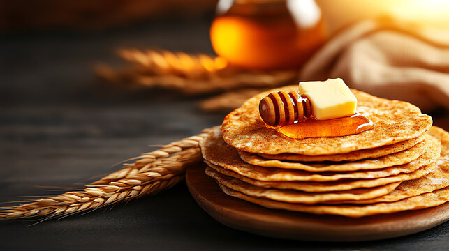 Ethiopian Chechebsa spiced flatbread, garnished with honey and served in a cozy breakfast scene, [African breakfast dishes, hearty sweetness]
