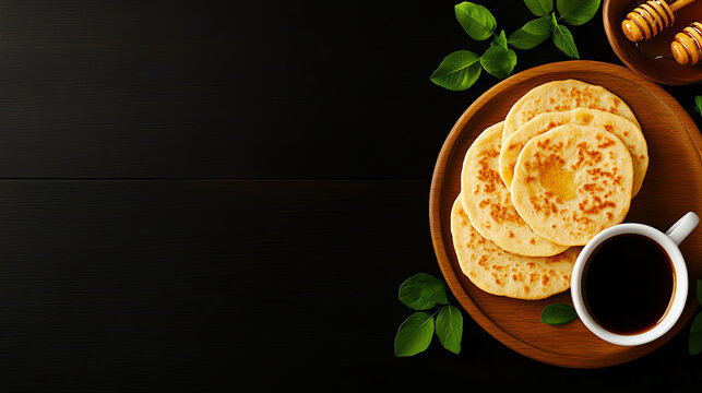 Ethiopian Chechebsa spiced flatbread, garnished with honey and served in a cozy breakfast scene, [African breakfast dishes, hearty sweetness]