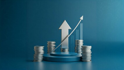 3D graph with ascending arrow and stacks of coins, symbolizing financial growth, against a blue background.