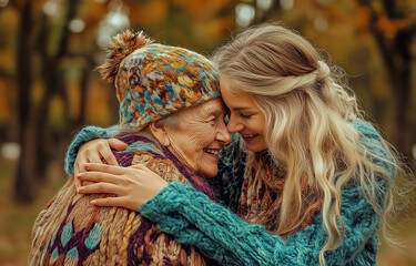 Heartwarming Embrace of Generations – Young Woman and Elderly Lady Sharing Love and Connection Outdoors in Cozy Knitwear Amidst a Serene Forest Backdrop