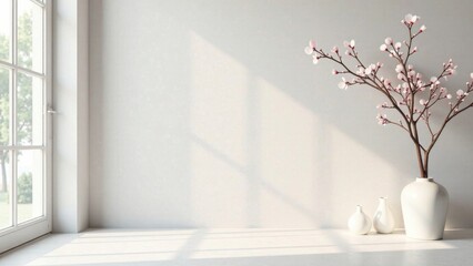 Serene Minimalist Interior Scene with Blooming Branches in White Vases on Windowsill