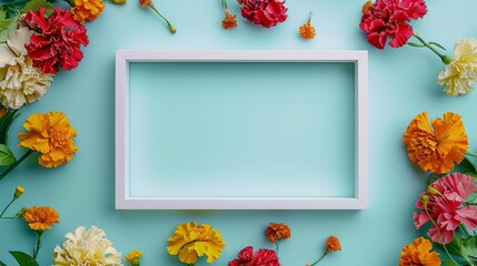 A blank white picture frame with a wooden relief border centered encircled by daffodils and violets