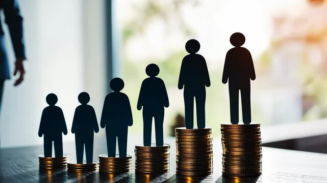 Paper people standing on a coin stacks. Insightful Analysis of Investment. Business Metrics, Performance Trends. Visual representation shows growth, success, achievement. Income gap. Market recovery