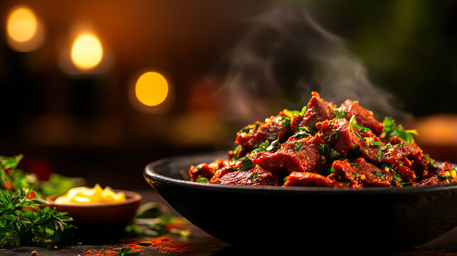 Ethiopian Kitfo seasoned raw beef, served with spiced butter and injera in a vibrant cultural dining setup, [African delicacies, bold flavors]