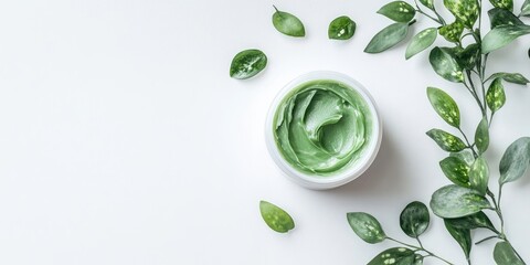 Seaweed cream in a jar surrounded by vibrant green leaves on a clean white textured background, ideal for wellness and skincare mockups.