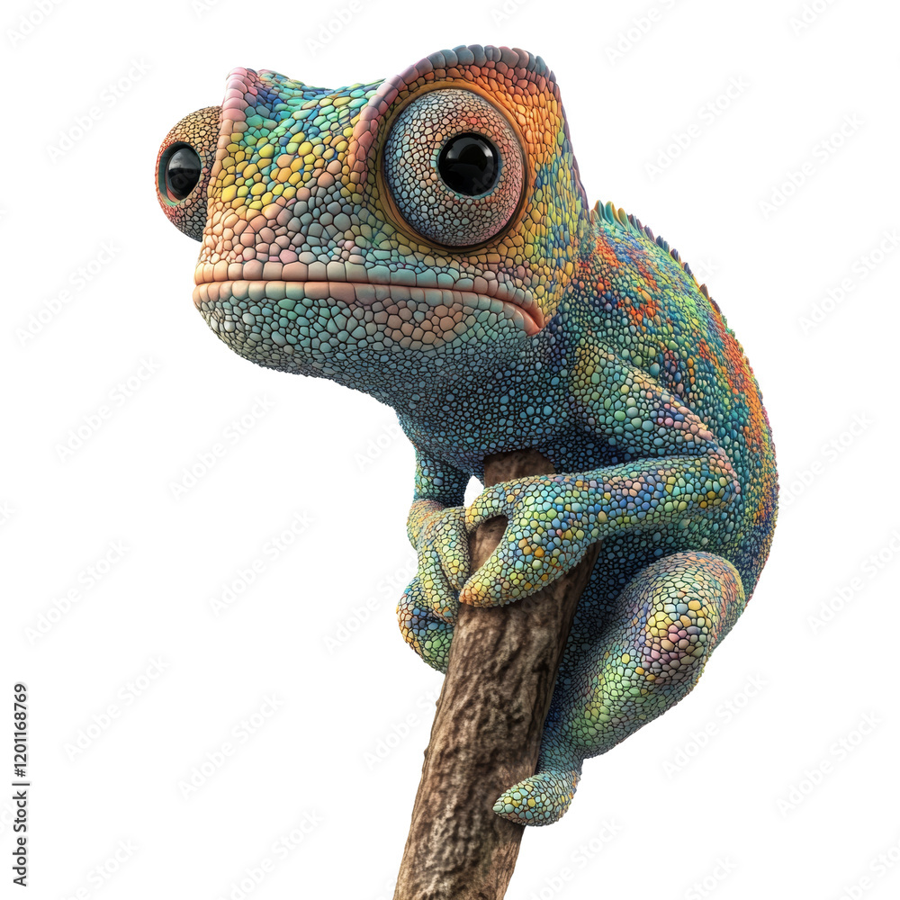 Poster A digitally rendered image showcases a vividly colored chameleon clinging to a branch against a white backdrop.