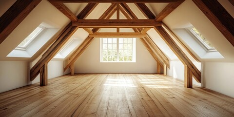 Spacious attic with wooden flooring and exposed beams Bright white walls and large windows create an inviting and airy atmosphere