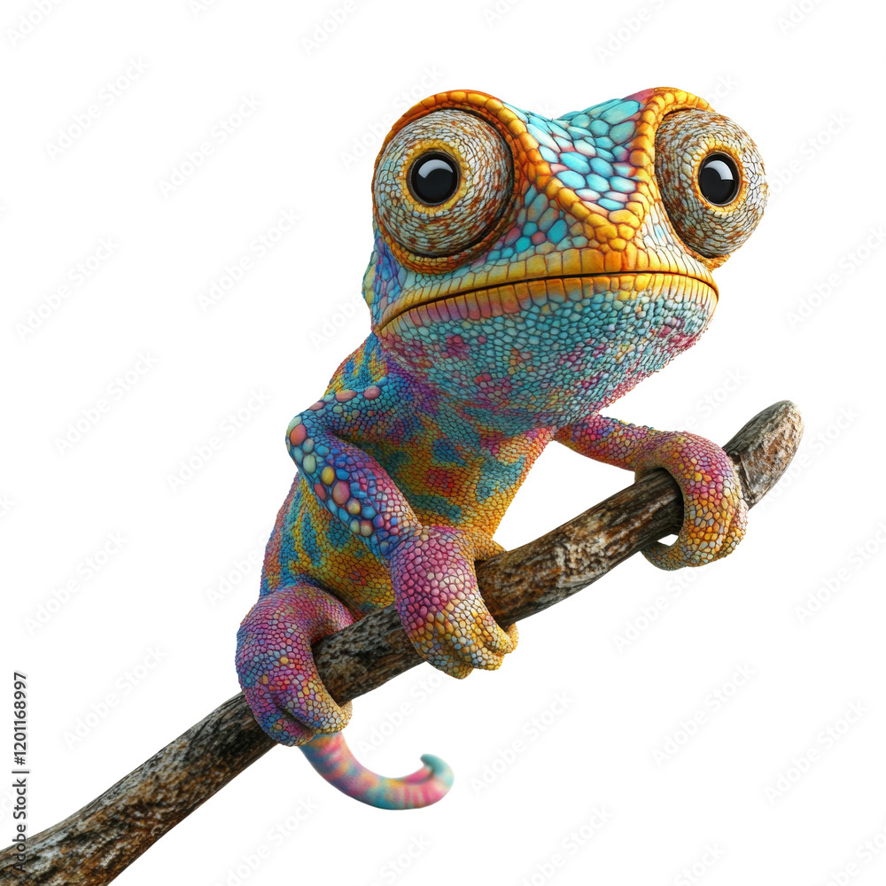 Poster a digitally rendered image shows a vibrant and cartoonish chameleon perched on a branch against a wh