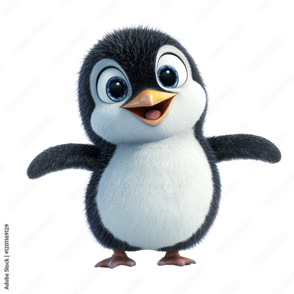 Poster a digitally rendered image showcases a cheerful baby penguin with fluffy feathers standing against a