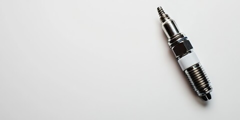 Fototapeta premium Spark plug positioned on the right side against a white backdrop with ample negative space for text or graphics showcasing metallic shine and details