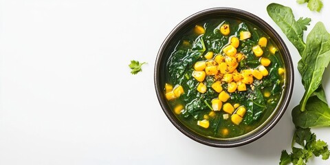 Healthy spinach and sweet corn stew in a black bowl topped with corn on a white background with fresh spinach leaves on the side