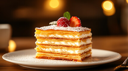 French Mille-Feuille layered pastry, filled with cream and topped with powdered sugar in an elegant patisserie, [European desserts, refined sophistication]