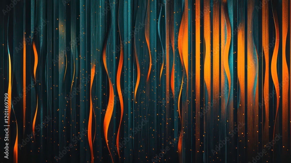 Poster abstract background with vertical, wavy, glowing orange and teal lines on dark background.
