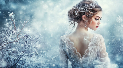 Naklejka premium Beautiful Woman And Snow Background