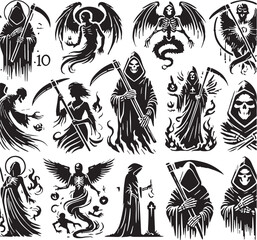 Black Color Grim reaper Silhouette Vector Illustration, Solid White Background