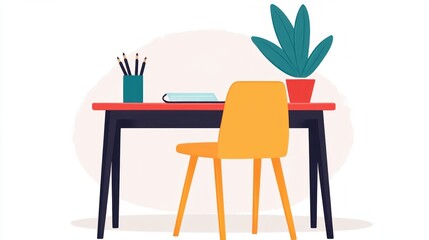 Modern Home Office Desk Setup Yellow Chair Plant and Pencils