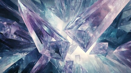 A modern abstract artwork featuring overlapping transparent crystal shapes suspended in a void, with light passing through creating intricate patterns