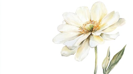Fototapeta premium Elegant Watercolor White Flower with Petals and Green Leaves