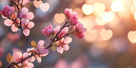 Pastel pink cherry blossom branch with heart-shaped bokeh, softly lit background featuring warm golden tones and shallow depth of field.