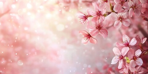 Soft pink cherry blossoms in full bloom on the left, with a blurred light pink background and bokeh effect, ideal for text overlay or design.