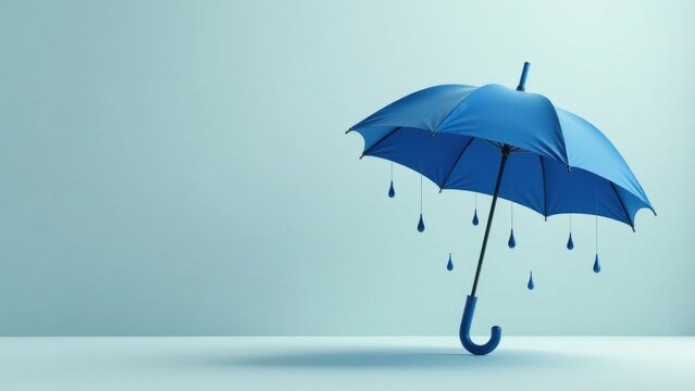 A solitary blue umbrella stands on a minimalist background, droplets clinging to its edges, a symbolic representation of protection against life's storms.
