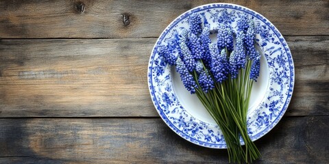 Spring table setting from above featuring a blue and white plate with muscari flowers on a rustic wooden surface with ample negative space for text