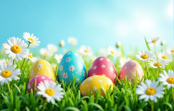 Colorful easter eggs hiding in green grass with daisies and blue sky