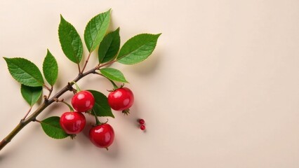 A lush branch with vibrant red berries and deep green leaves against a soft beige backdrop