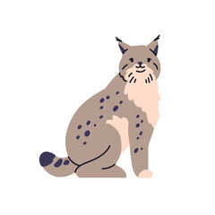 Lynx, wild feline animal. Cute forest cat, beast. Predator, carnivore sitting. Fauna with tufted ears and spotted fur. Carnivorous mammal. Flat vector illustration isolated on white background
