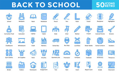 Back to School icon set with school, backpack, book, notebook, pencil, pen, ruler, eraser, sharpener, highlighter icon. Simple retro vector 
