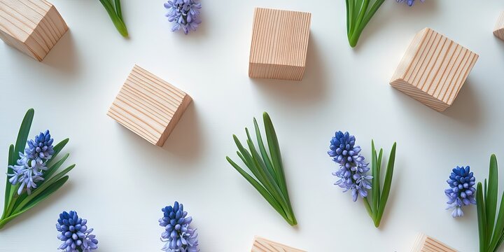 Spring-themed flat lay arrangement of wooden blocks and grape hyacinth flowers in blue and green on a textured white background for postcards.