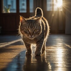 A cat with a birthday hat celebrating International Cat Day. Sad, lonely abandoned homeless cat sits on a city street in the rain, in the evening. A close-up portrait of a cute young cat with bright

