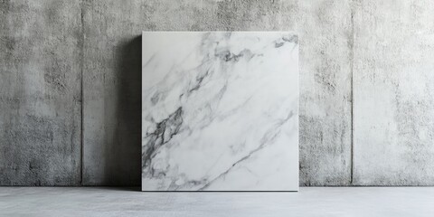 Marble board with white and grey veins centered on a light grey concrete background providing ample copy space for text on top
