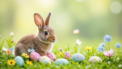 Obraz premium Easter bunny sitting in grass with colorful eggs and flowers