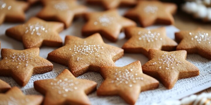 Golden-brown star-shaped gingerbread cookies arranged on a textured white linen cloth scattered with sugar crystals in a festive setting